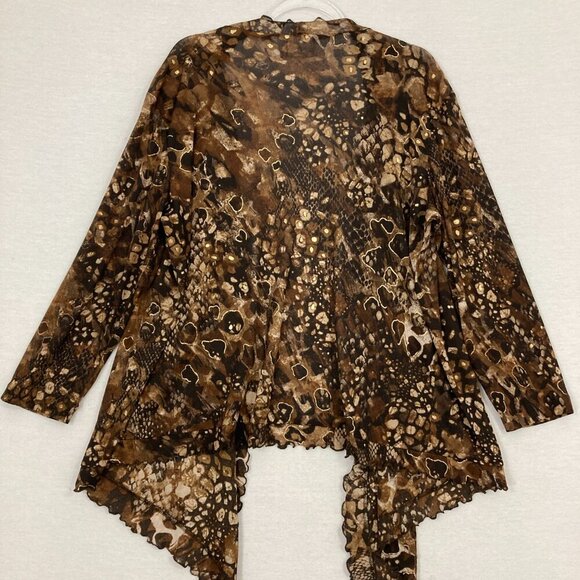 Chico's Brown Black Open Front Draped Lettuce Hem Stretch Cardigan XL/3 Preppy - Picture 8 of 9